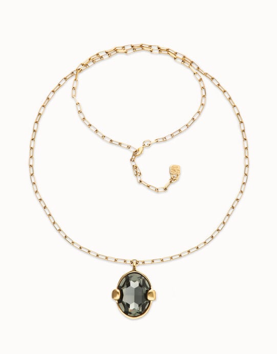 Long necklace with gray oval faceted crystal